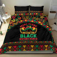 Black bedding set with large “Make Every Month Black History Month” design and multicolor geometric edge