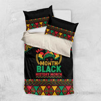 Black bedding set with multicolor African-style stripe border and central “Make Every Month Black History Month”