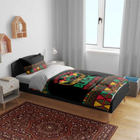 Black bedding set featuring “Make Every Month Black History Month” graphic and colorful geometric paneling