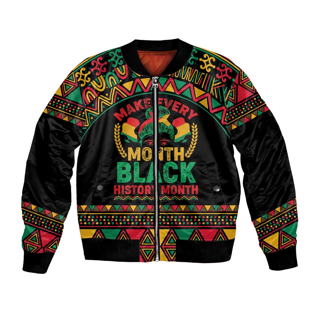 Black unisex bomber jacket with colorful African pattern, ribbed cuffs, zip front