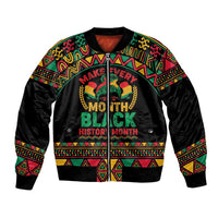 Black unisex bomber jacket with colorful African pattern, ribbed cuffs, zip front