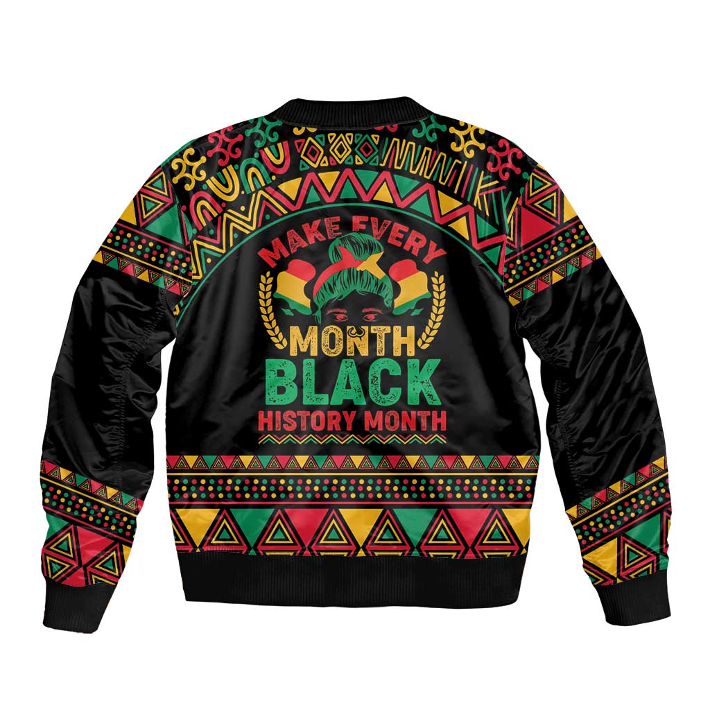 Black unisex bomber jacket, colorful African graphic text on back, ribbed hem