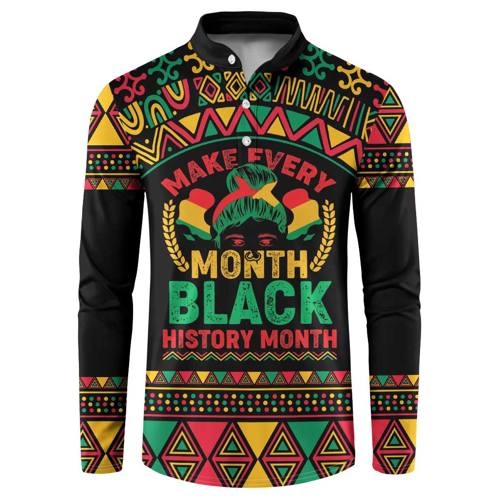 Black crewneck sweatshirt with colorful African pattern and “Make Every Month Black History Month” print