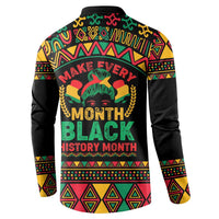 Black crewneck sweatshirt with colorful African pattern and back “Make Every Month Black History Month” print