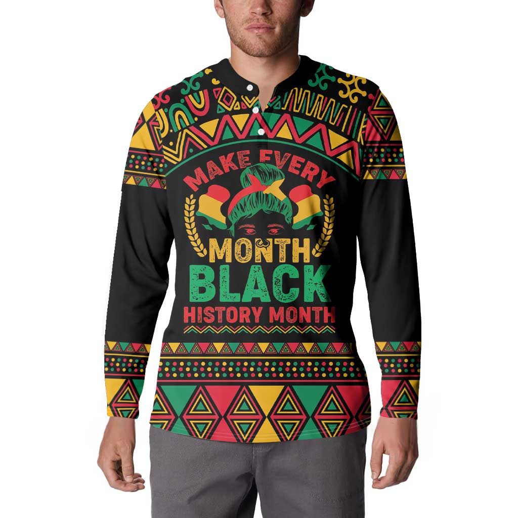 Black crewneck sweatshirt with colorful African pattern center graphic and “Make Every Month Black History Month”