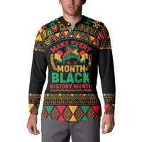 Black crewneck sweatshirt with colorful African pattern center graphic and “Make Every Month Black History Month”