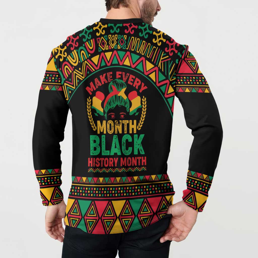 Black crewneck sweatshirt with colorful African border pattern and back “Make Every Month Black History Month”