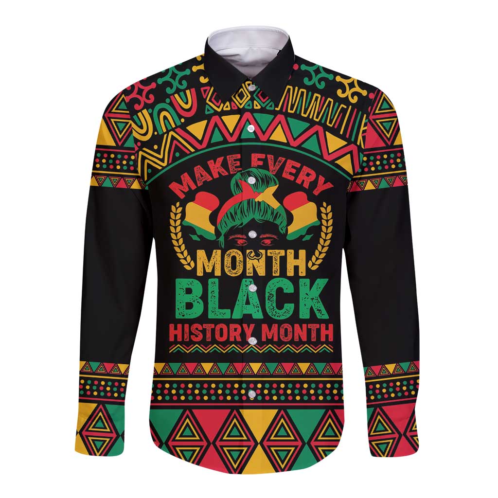 Black long-sleeve button shirt with colorful African pattern and Black History Month graphic