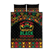 Black quilt bed set with matching pillows; “Month Black History Month” graphic in colorful frame