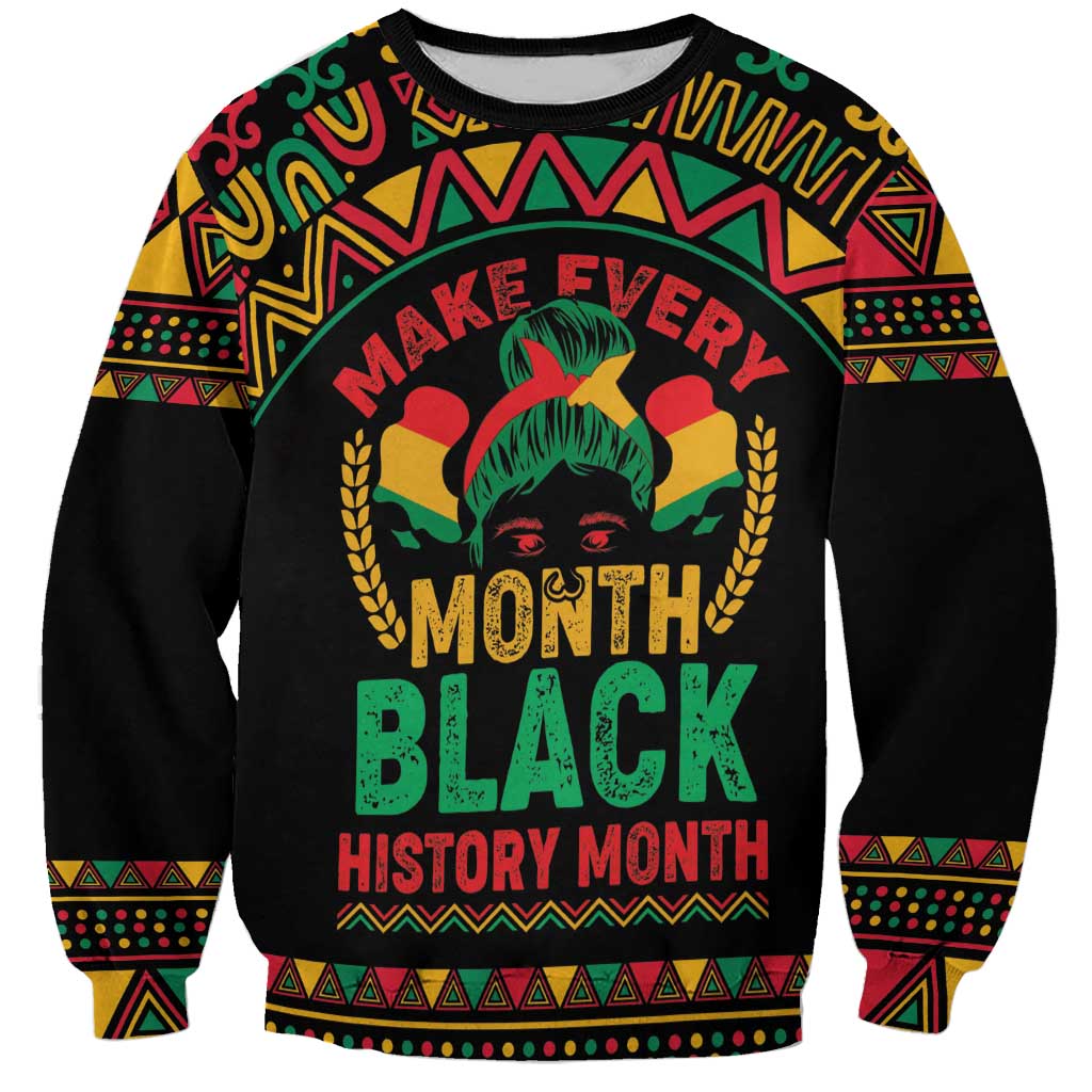 Unisex black sweatshirt with colorful African pattern trim and graphic text 'Make Every Month'