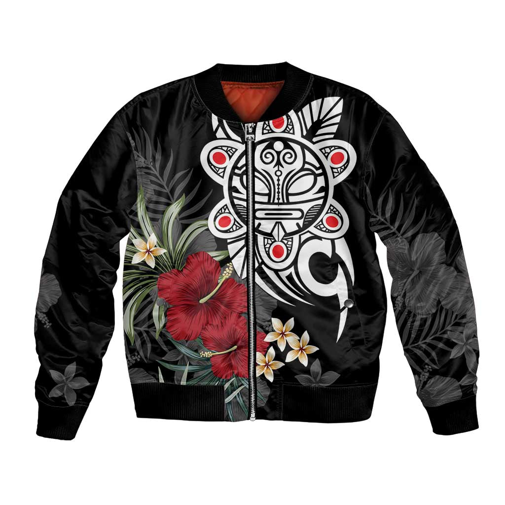 Black unisex bomber jacket with tropical floral tribal sun graphic, front zip