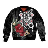 Black unisex bomber jacket with tropical floral tribal sun graphic, front zip
