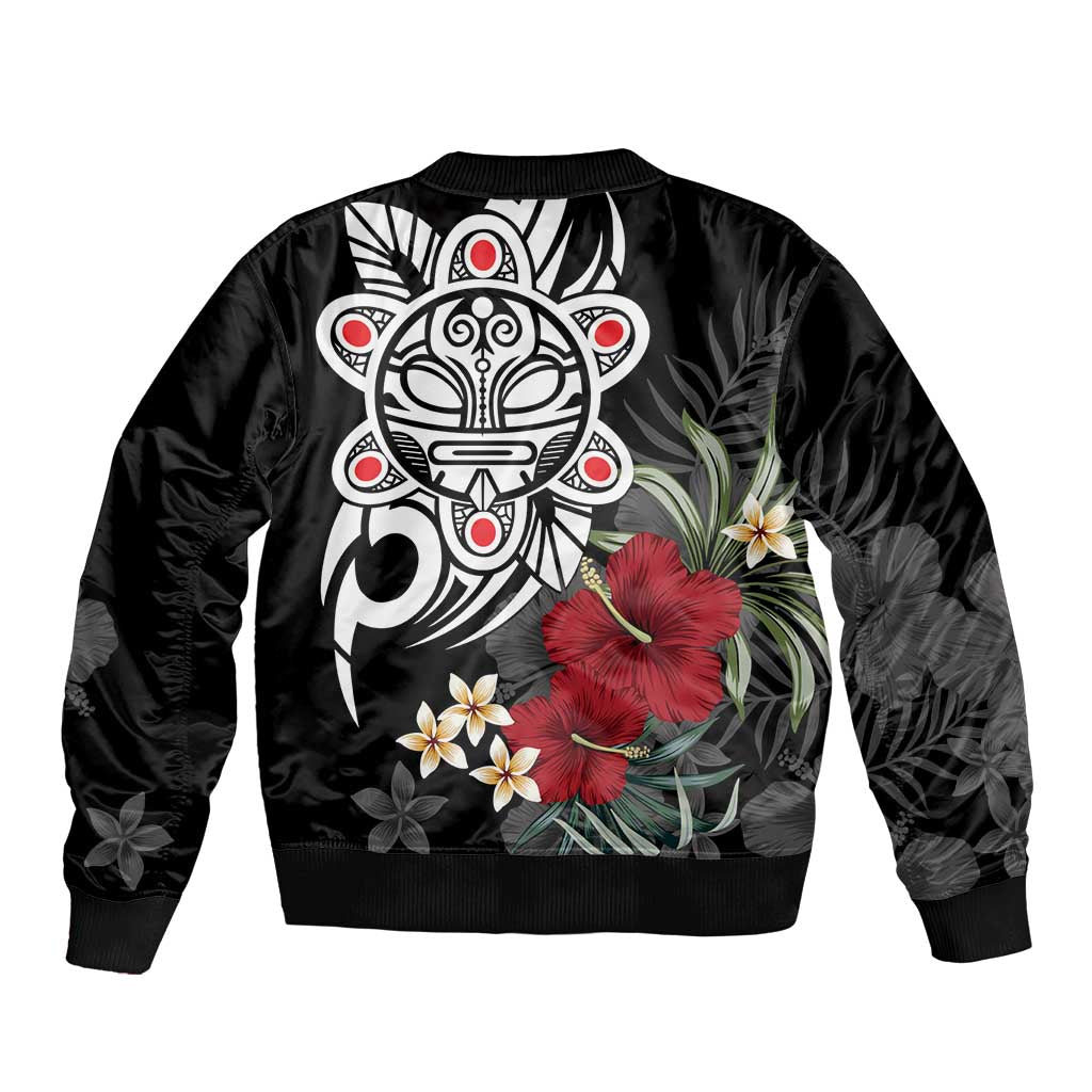 Black unisex bomber jacket with tropical floral tribal sun graphic, back view