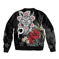 Black unisex bomber jacket with tropical floral tribal sun graphic, back view