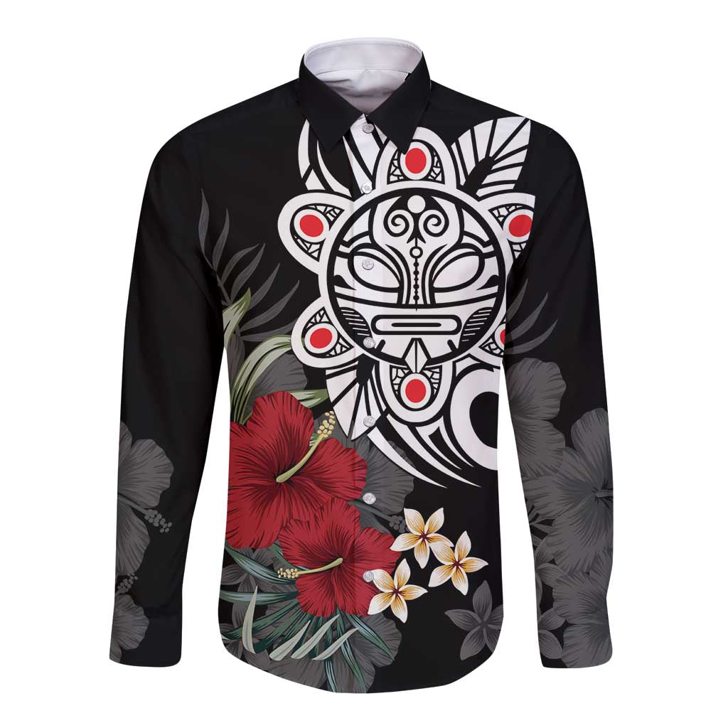 Black long-sleeve button shirt with tribal sun and hibiscus floral print