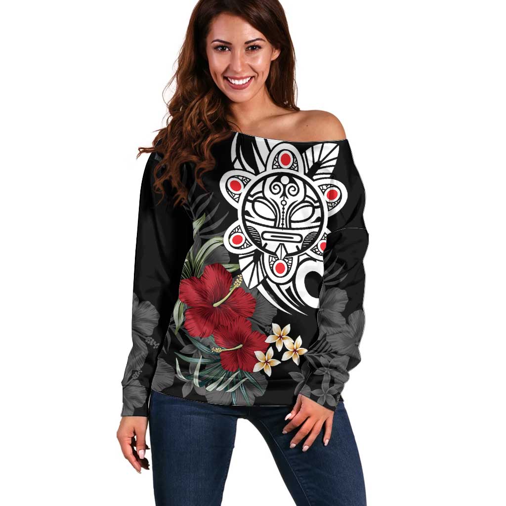 Taino Sun Tribal Off Shoulder Sweater Tropical Hibiscus