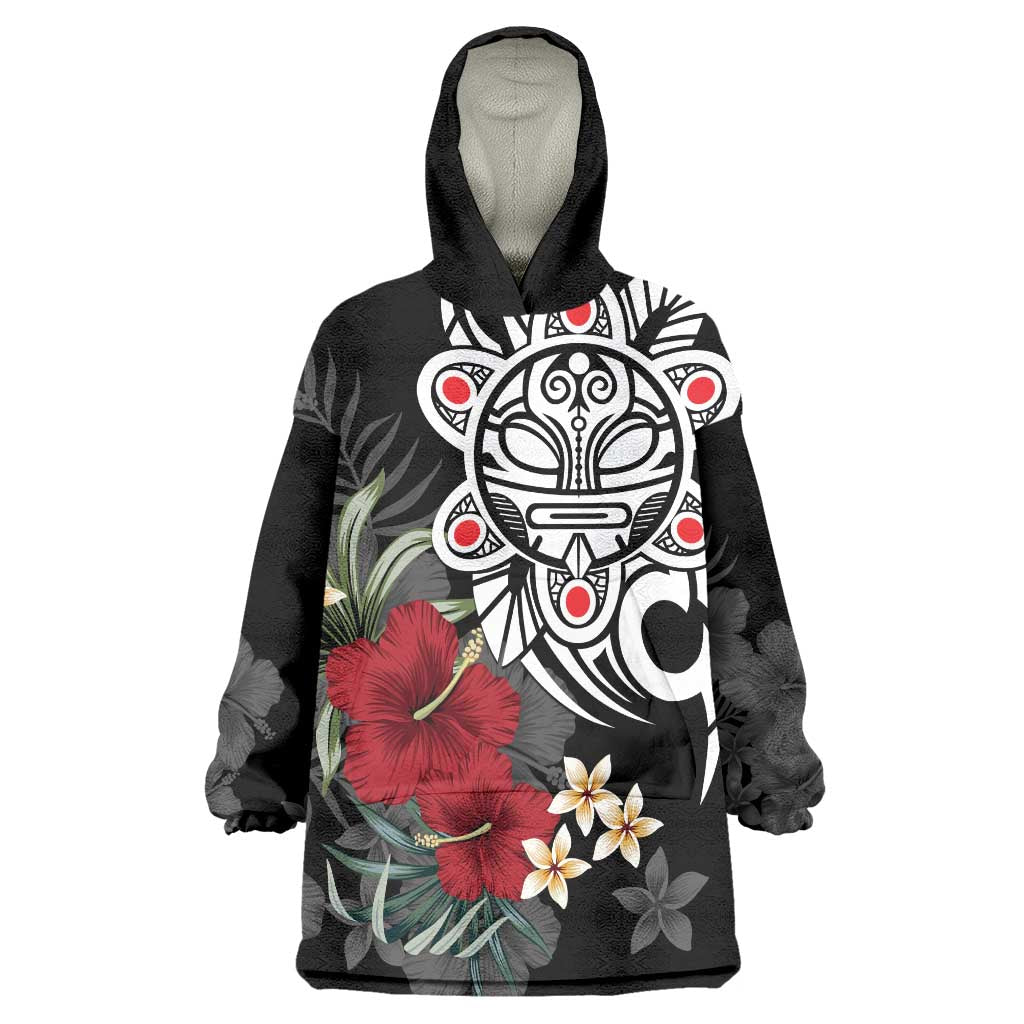 Taino Sun Tribal Wearable Blanket Hoodie Tropical Hibiscus