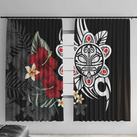 Black tropical window curtain set with red hibiscus flowers and white tribal mask motifs