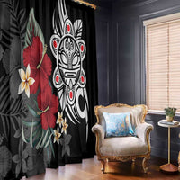 Black tropical curtain panel with hibiscus blossoms and bold white tribal animal mask print