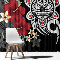 Black window curtain close-up with red hibiscus, tropical leaves, and white floral details