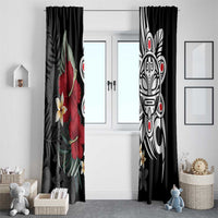 Black tropical window curtains with hibiscus flowers and white tribal mask design on two panels