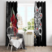 Black tropical curtains with red hibiscus flowers and large white tribal mask on the right panel