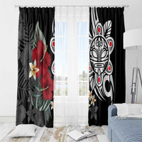 Black and white tribal window curtains with hibiscus red flowers, hung over a sheer curtain