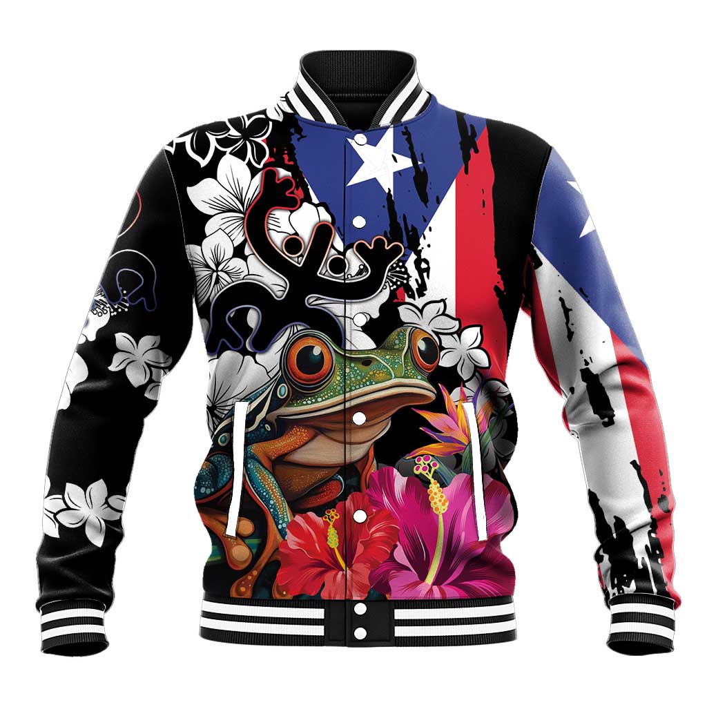 Unisex tropical baseball jacket, coqui frog and hibiscus graphic, flag-style panels