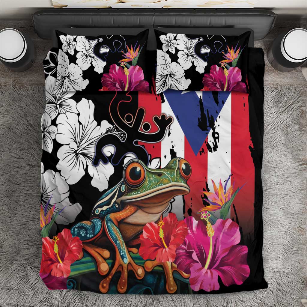 Colorful tropical bedding set with black frog/lizard artwork, hibiscus flowers, and 2 pillows
