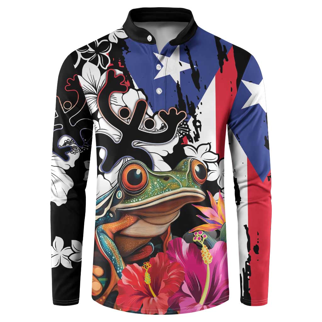 Colorful long-sleeve button henley sweatshirt with tropical bird and floral print