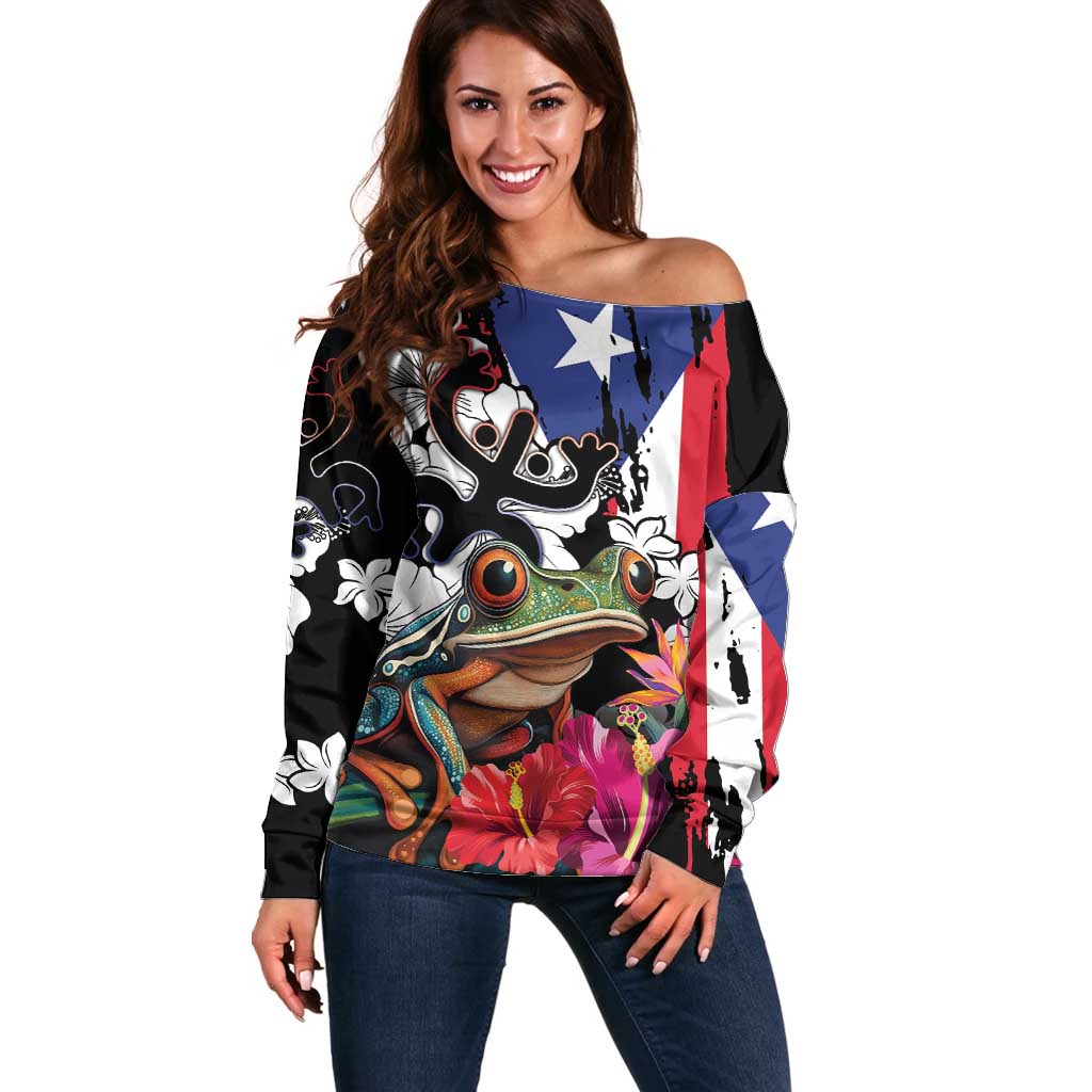 Boricua Taino Coqui Tropical Off Shoulder Sweater Puerto Rico Grunge Flag