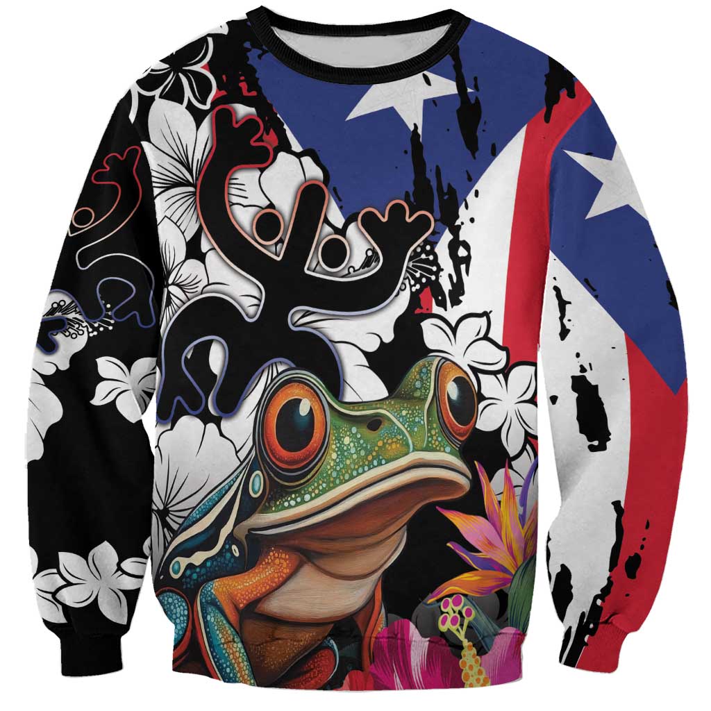 Unisex tropical graphic sweatshirt in blue, red, white, and black with coqui frog art