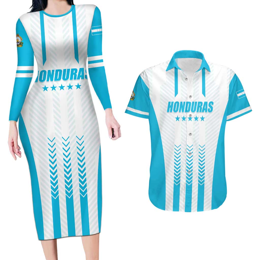 Custom Honduras Football Couples Matching Long Sleeve Bodycon Dress and Hawaiian Shirt Vamos Los Catrachos