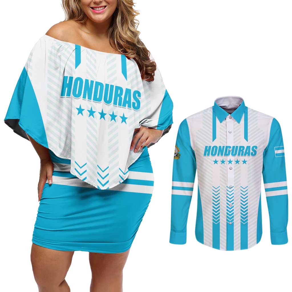 Custom Honduras Football Couples Matching Off Shoulder Short Dress and Long Sleeve Button Shirt Vamos Los Catrachos