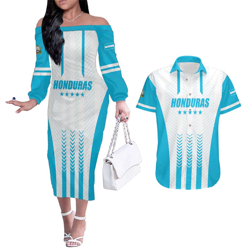 Custom Honduras Football Couples Matching Off The Shoulder Long Sleeve Dress and Hawaiian Shirt Vamos Los Catrachos