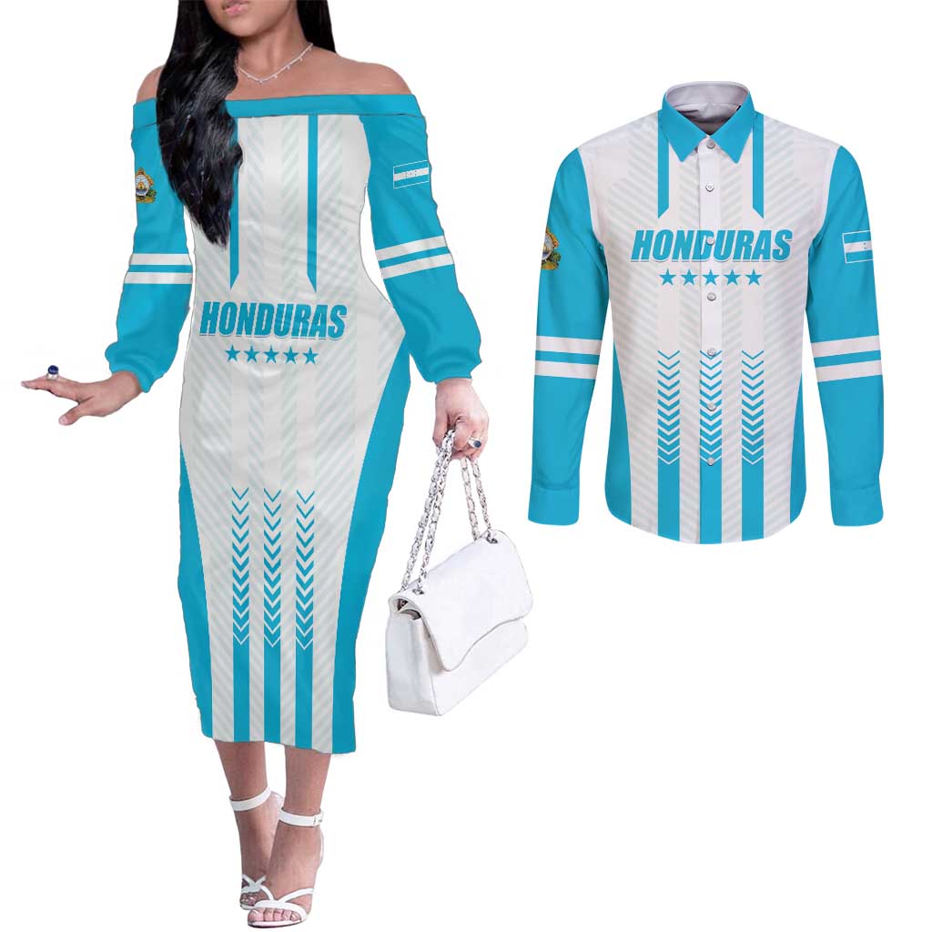 Custom Honduras Football Couples Matching Off The Shoulder Long Sleeve Dress and Long Sleeve Button Shirt Vamos Los Catrachos