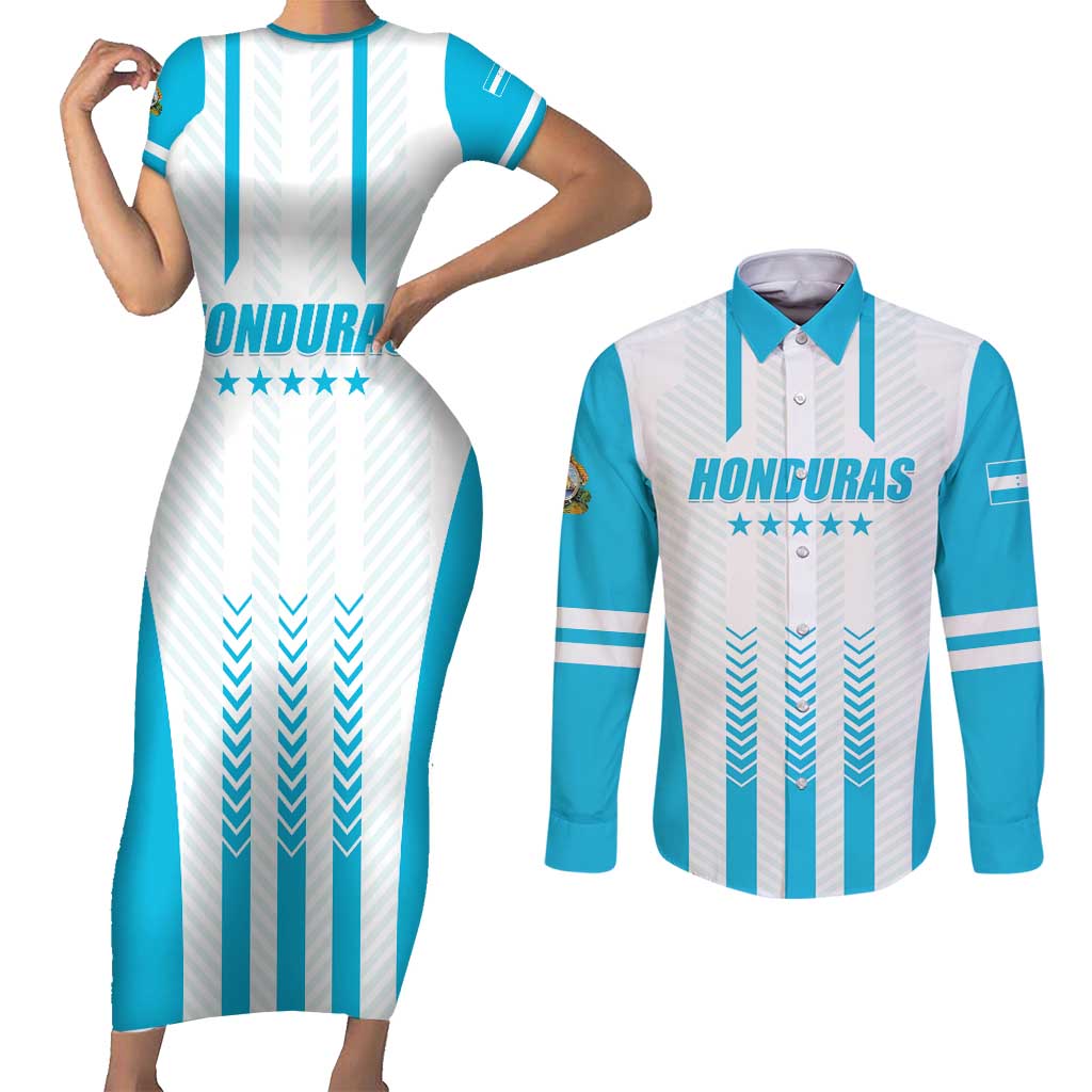 Custom Honduras Football Couples Matching Short Sleeve Bodycon Dress and Long Sleeve Button Shirt Vamos Los Catrachos