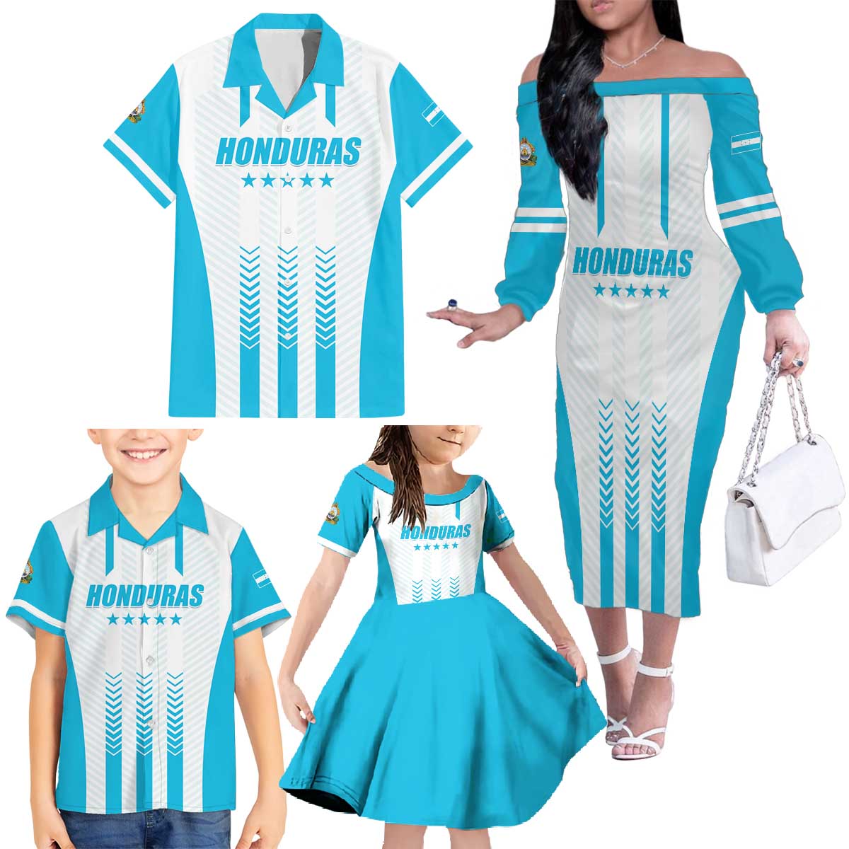 Custom Honduras Football Family Matching Off The Shoulder Long Sleeve Dress and Hawaiian Shirt Vamos Los Catrachos