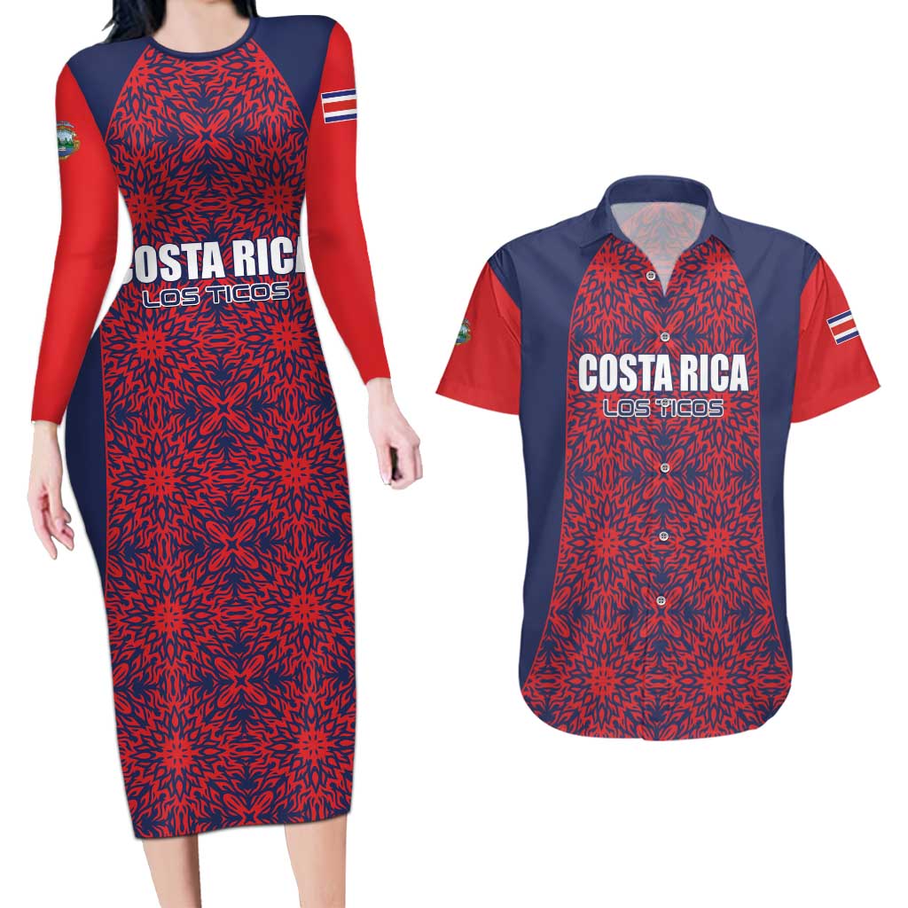 Custom Costa Rica Football Couples Matching Long Sleeve Bodycon Dress and Hawaiian Shirt Los Ticos Unique Pattern