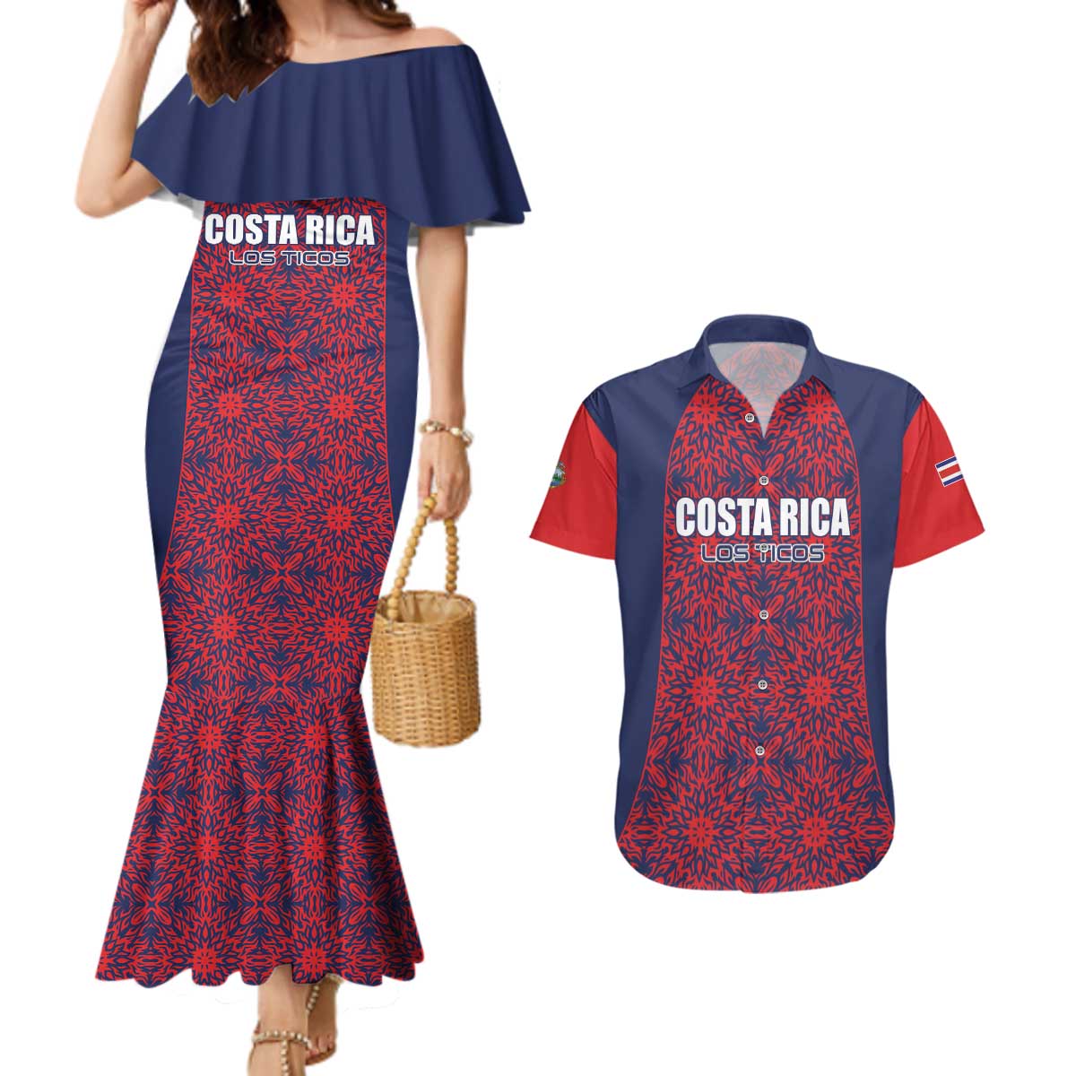 Custom Costa Rica Football Couples Matching Mermaid Dress and Hawaiian Shirt Los Ticos Unique Pattern