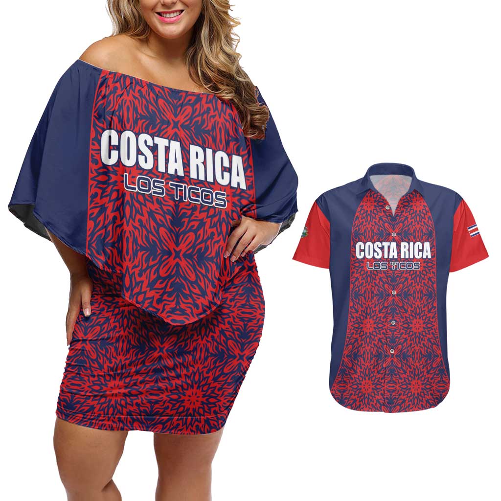 Custom Costa Rica Football Couples Matching Off Shoulder Short Dress and Hawaiian Shirt Los Ticos Unique Pattern