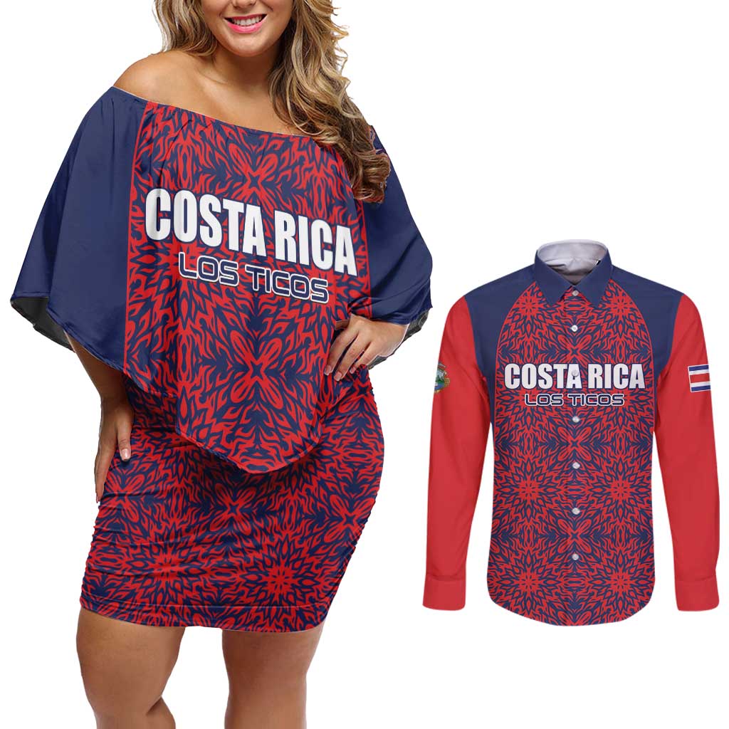 Custom Costa Rica Football Couples Matching Off Shoulder Short Dress and Long Sleeve Button Shirt Los Ticos Unique Pattern