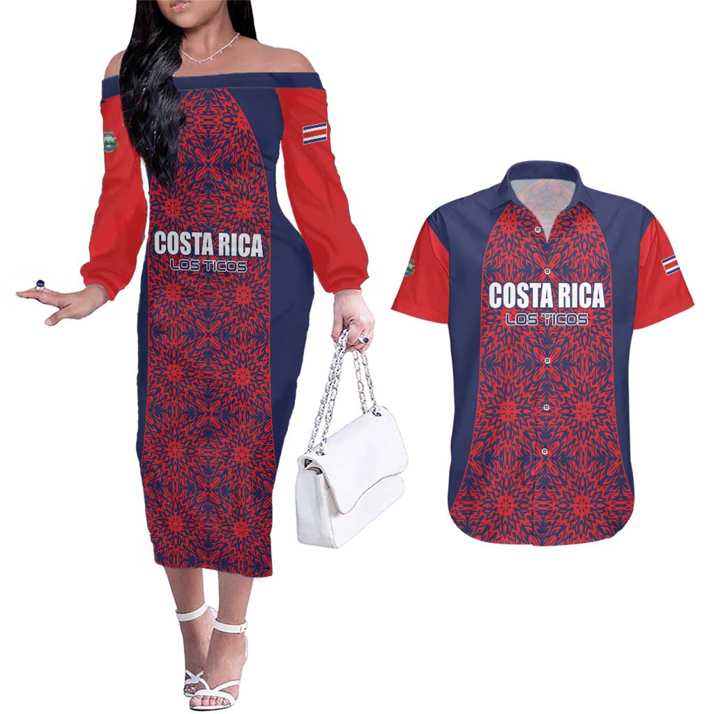 Custom Costa Rica Football Couples Matching Off The Shoulder Long Sleeve Dress and Hawaiian Shirt Los Ticos Unique Pattern