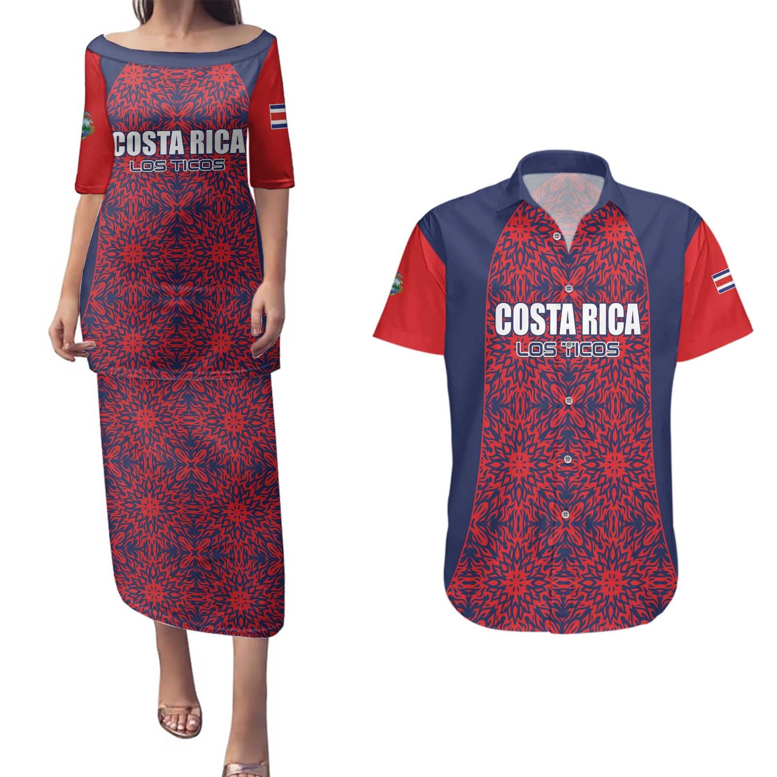 Custom Costa Rica Football Couples Matching Puletasi and Hawaiian Shirt Los Ticos Unique Pattern