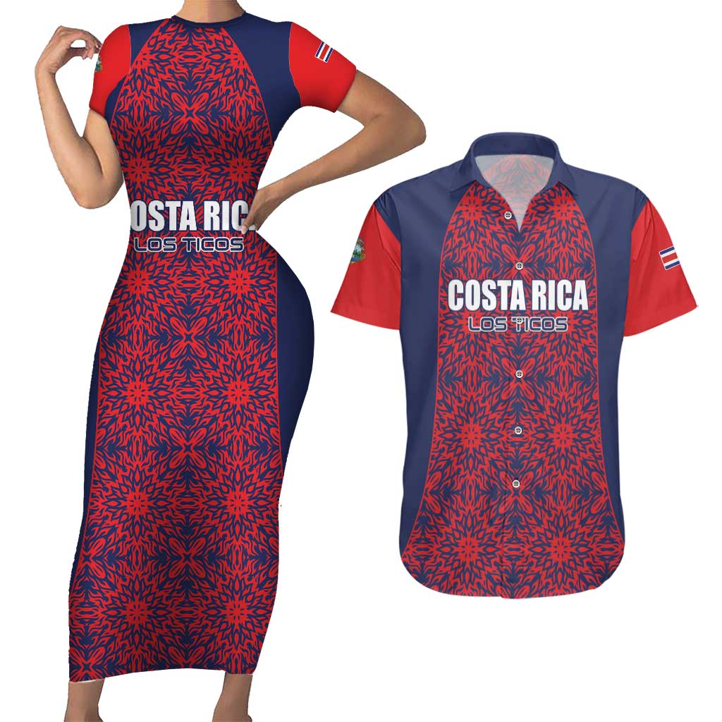 Custom Costa Rica Football Couples Matching Short Sleeve Bodycon Dress and Hawaiian Shirt Los Ticos Unique Pattern