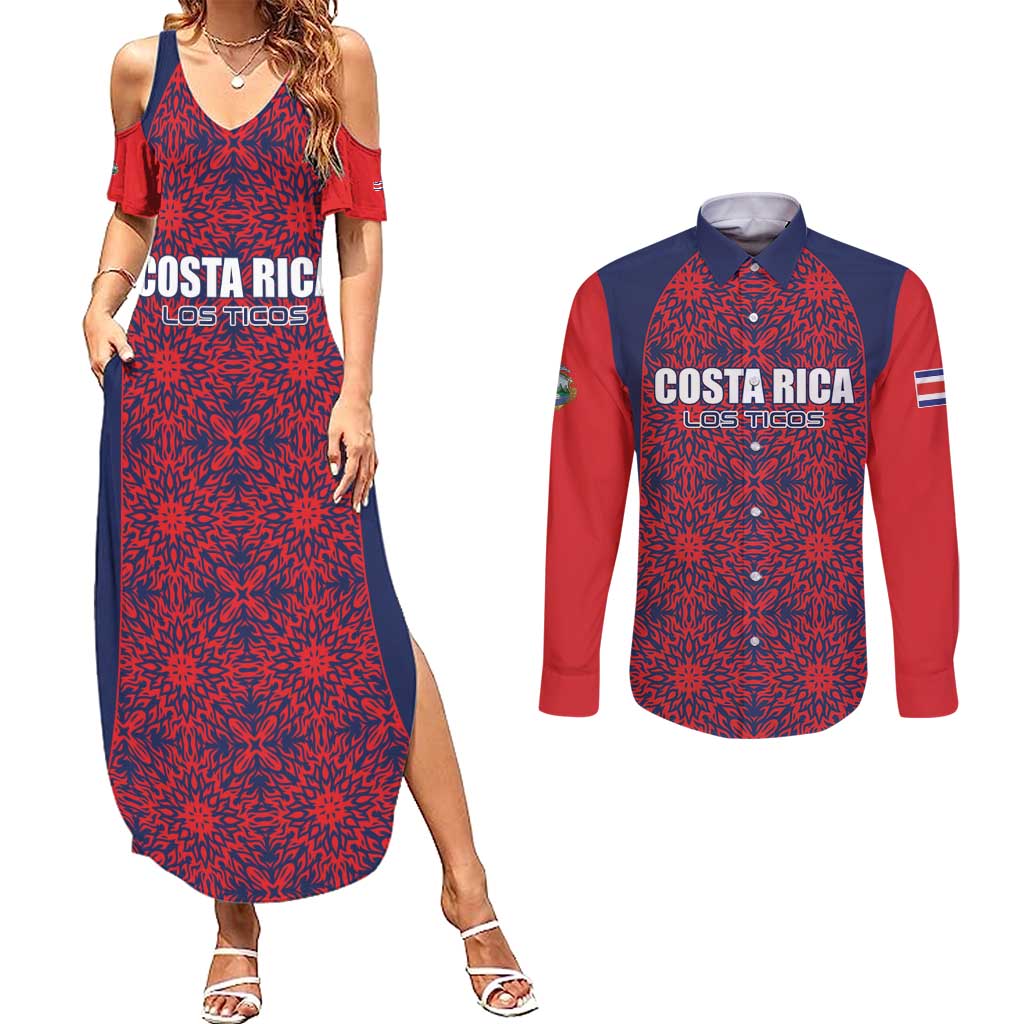 Custom Costa Rica Football Couples Matching Summer Maxi Dress and Long Sleeve Button Shirt Los Ticos Unique Pattern