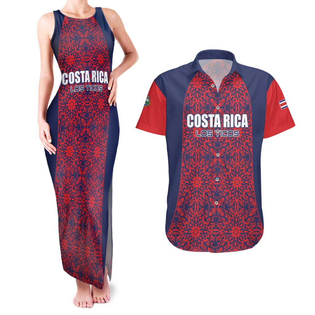 Custom Costa Rica Football Couples Matching Tank Maxi Dress and Hawaiian Shirt Los Ticos Unique Pattern