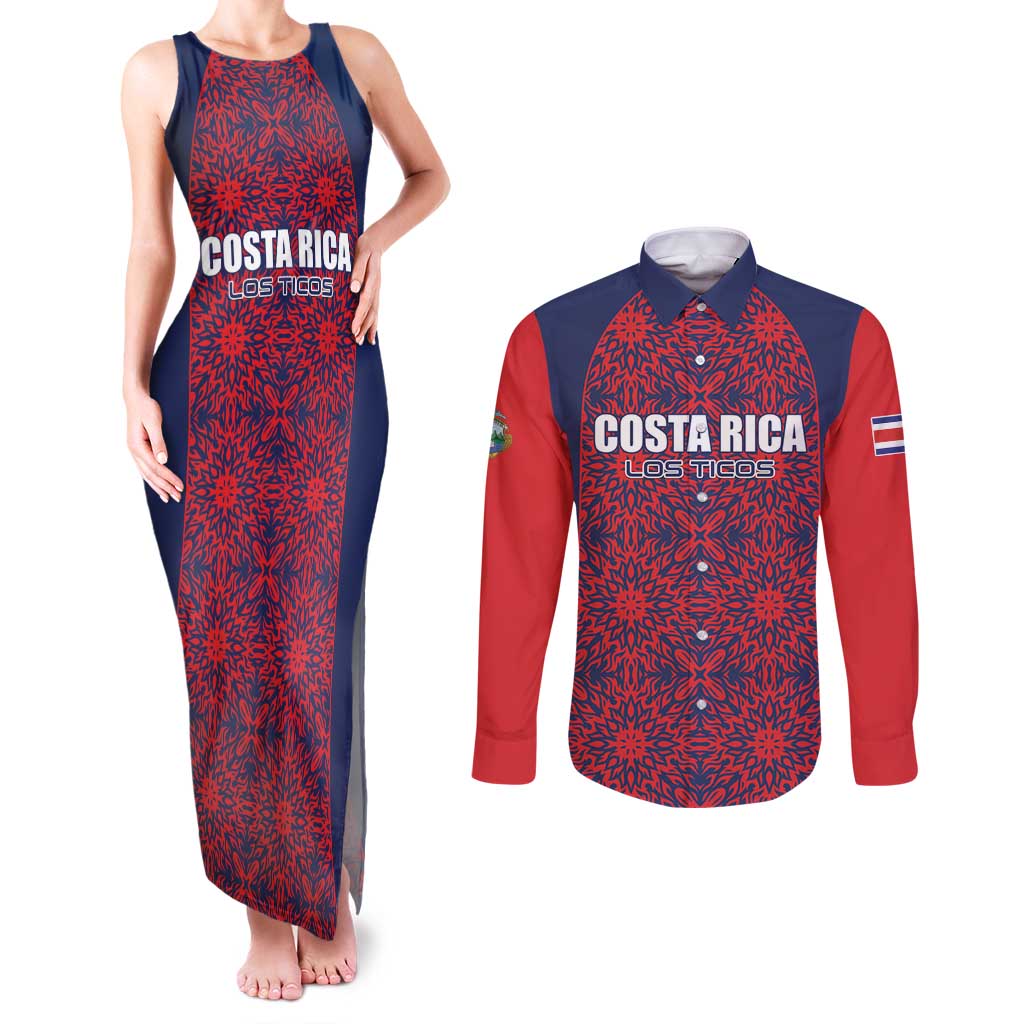 Custom Costa Rica Football Couples Matching Tank Maxi Dress and Long Sleeve Button Shirt Los Ticos Unique Pattern