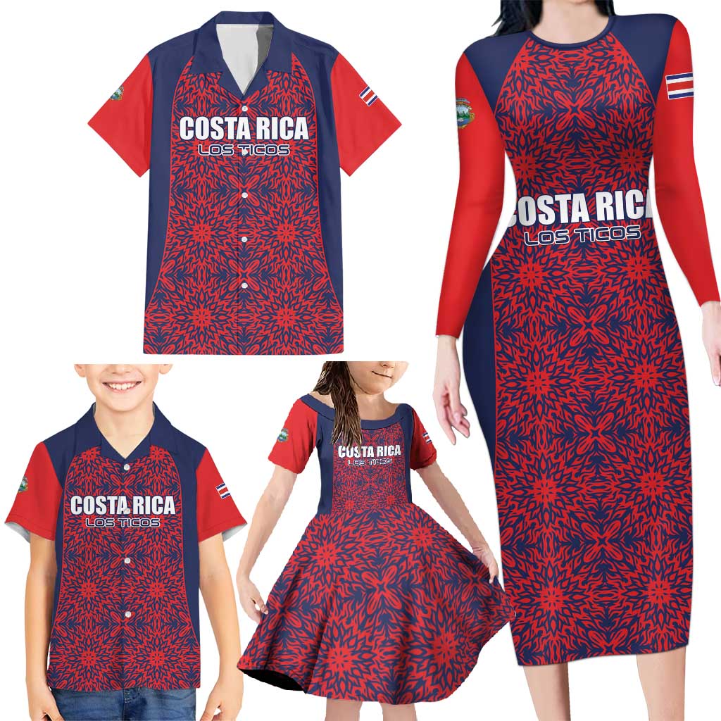 Custom Costa Rica Football Family Matching Long Sleeve Bodycon Dress and Hawaiian Shirt Los Ticos Unique Pattern