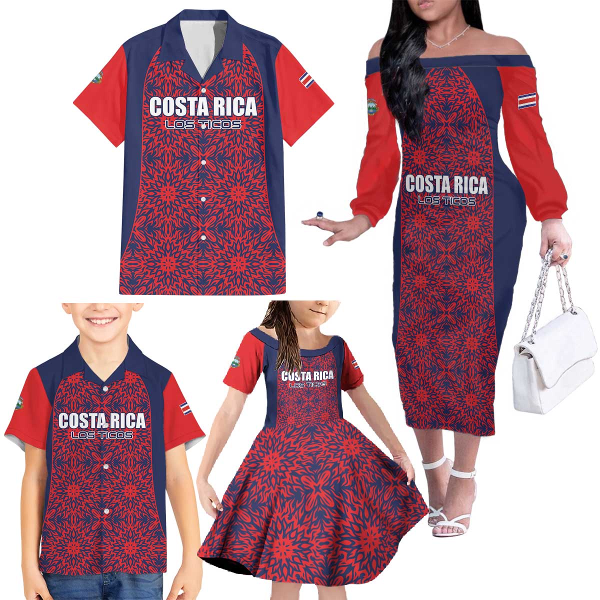 Custom Costa Rica Football Family Matching Off The Shoulder Long Sleeve Dress and Hawaiian Shirt Los Ticos Unique Pattern